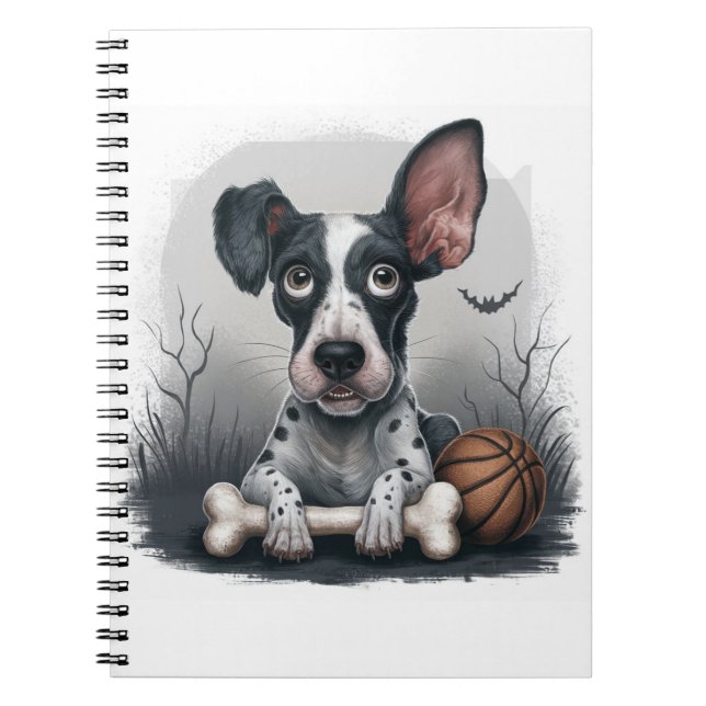 Cuaderno Quirky Halloween Pup: Perro visto con baloncesto (Frente)