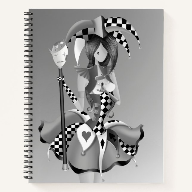 Cuaderno Quirky Jester y Puppet King gris monocromo (Anverso)
