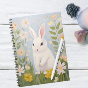 Cuaderno Rabbit blanco en las flores de primavera