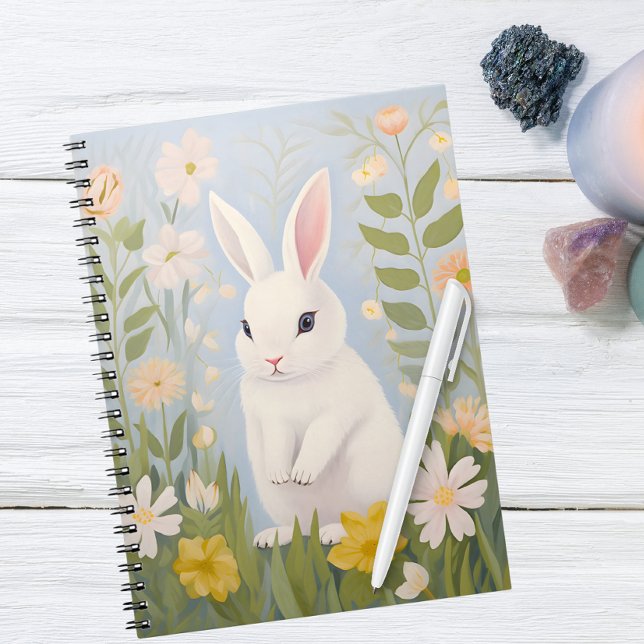 Cuaderno Rabbit blanco en las flores de primavera (Subido por el creador)
