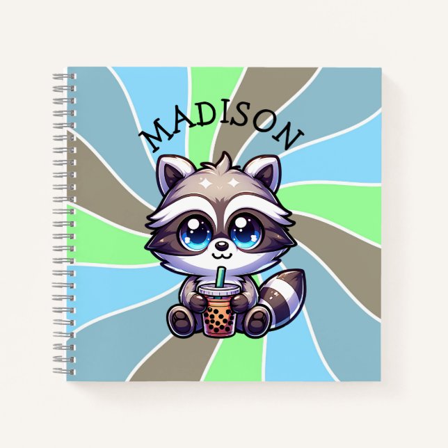 Cuaderno Raccón kawaii con té de burbuja personalizado (Anverso)