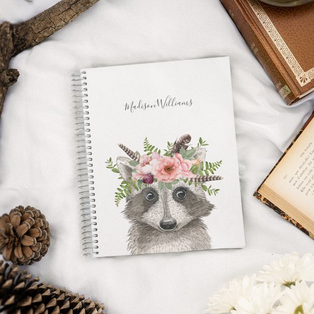 Cuaderno Raccoon lindo con corona floral acuarela (Subido por el creador)
