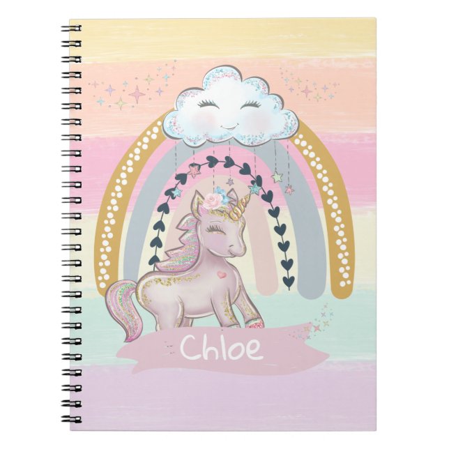 Cuaderno 🦄Rainbow Unicorn Girl Custom Name (Frente)