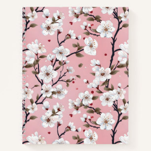 Cuaderno Rama de árbol de sakura rosa pastel blanco asiátic