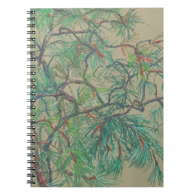Cuaderno "Rama de pino-árbol", dibujo pastel en tonos verde (Frente)