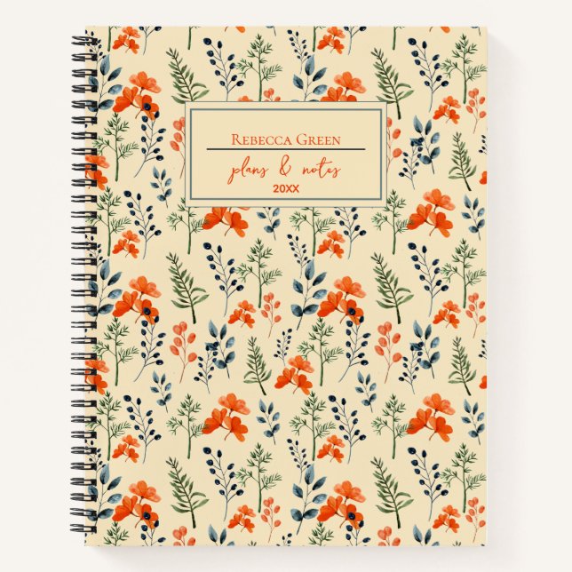 Cuaderno Rama verde floral floreciente Naranja botánico (Anverso)