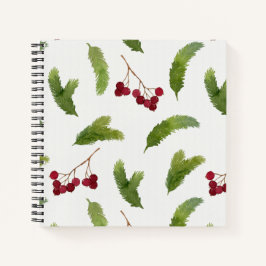 Cuaderno Ramas de pino acuarela y patrón de bayas rojas