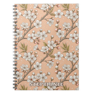 Cuaderno Ramas de Sakura Melocotón Botánico Floral Blanco