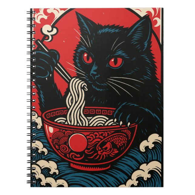 Cuaderno Ramen Cat Notebook Japanese Ukiyo-e Black CatAnime (Frente)