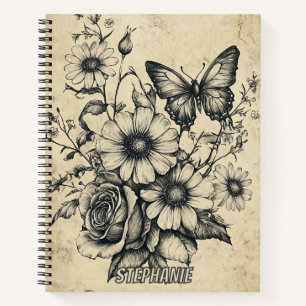 Cuaderno Ramo de margarita rosa mariposa sepia vintage