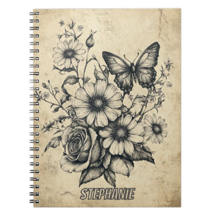 Cuaderno Ramo de margarita rosa mariposa sepia vintage