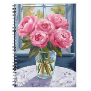 Cuaderno Ramo de Peonía Sonrojada   Pintura de Flor Rosa