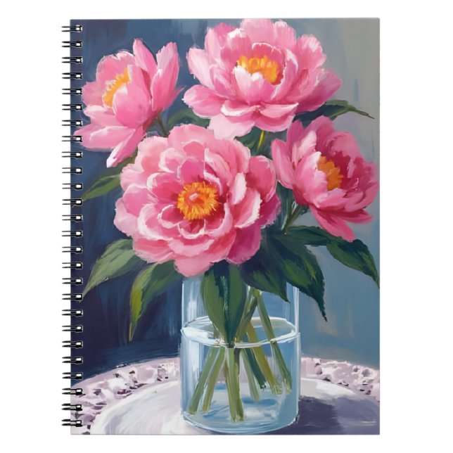 Cuaderno Ramo de Peonías Pintura Floral de Flores Rosadas (Frente)