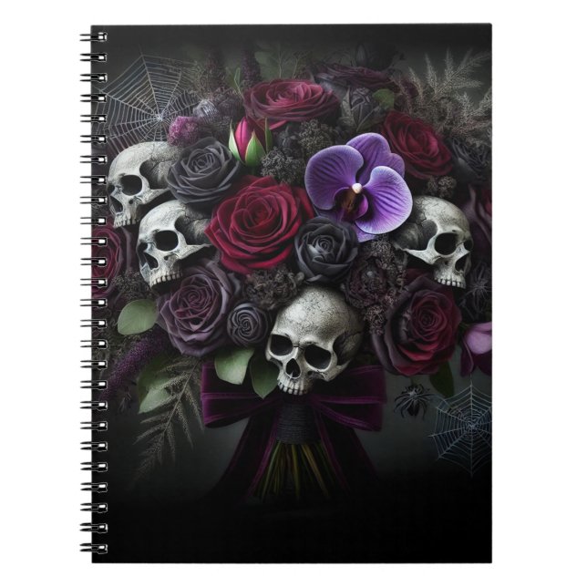 Cuaderno Ramo Floral de Cráneo Gótico Oscuro de Halloween  (Frente)
