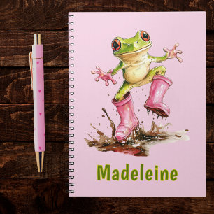 Cuaderno Rana en botas rosadas lindas en charco monograma p