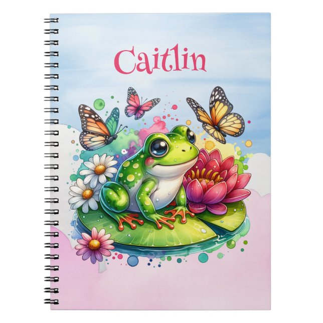 Cuaderno Rana, flores y mariposas personalizadas (Frente)