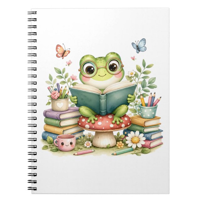 Cuaderno Rana Kawaii Adorable Leyendo un Libro | Libro de A (Frente)