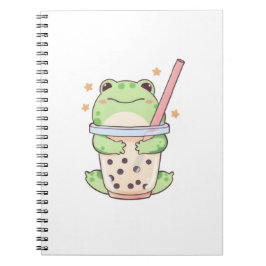Cuaderno Rana Kawaii Chibi Abrazando Taza de Bubble Tea