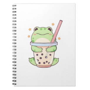 Cuaderno Rana Kawaii Chibi Abrazando Taza de Bubble Tea