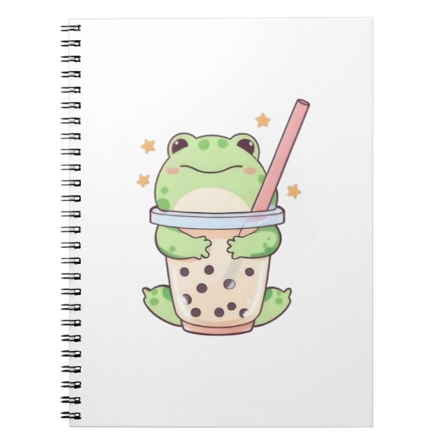 Cuaderno Rana Kawaii Chibi Abrazando Taza de Bubble Tea (Frente)