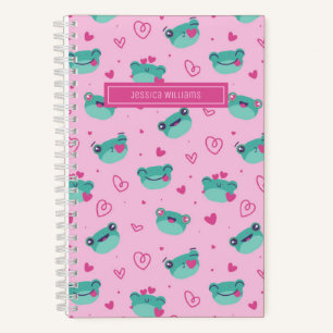 Cuaderno Rana linda y patrón de corazón garabateado rosa fe