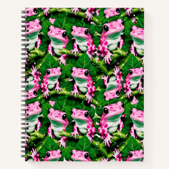 Cuaderno Rana Rosa En Diseño De Patrón De Hojas Verdes (Anverso)