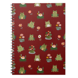 Cuaderno Ranas y hojas de nenúfar sobre rojo oscuro