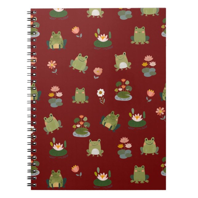 Cuaderno Ranas y hojas de nenúfar sobre rojo oscuro (Frente)