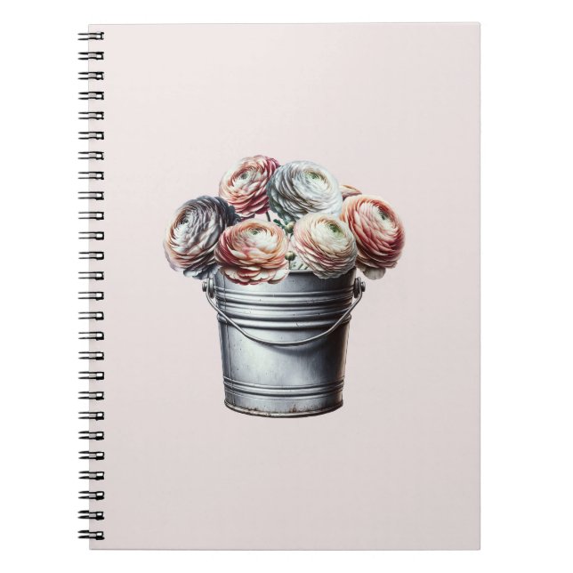 Cuaderno Ranunculus en Cubo de Hojalata Glam Rústico Rosa (Frente)