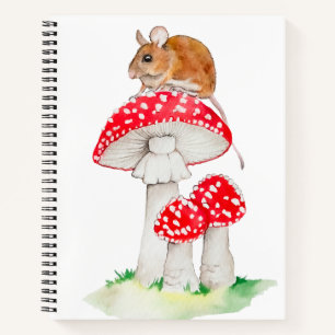 Cuaderno Ratón gracioso sobre una mosca agaric, acuarela
