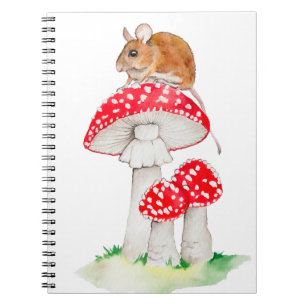 Cuaderno Ratón gracioso sobre una mosca agaric, acuarela