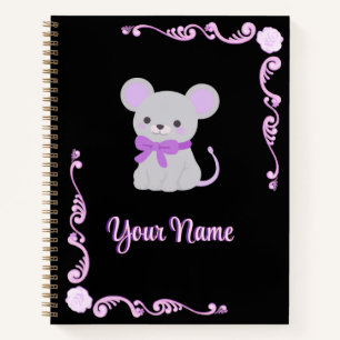 Cuaderno Ratón Gris Lindo con Lazo Morado en Marco Floral O