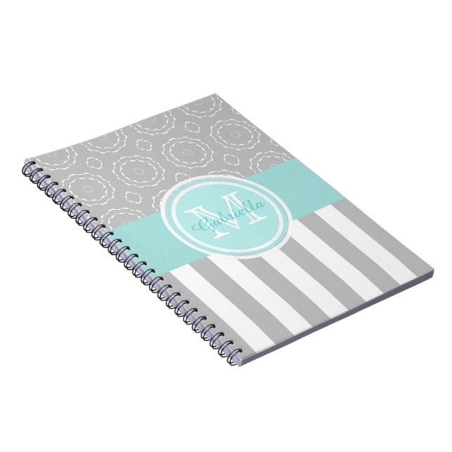 Cuaderno rayado/del adorno ciánico, gris y blanco (Lado Derecho)