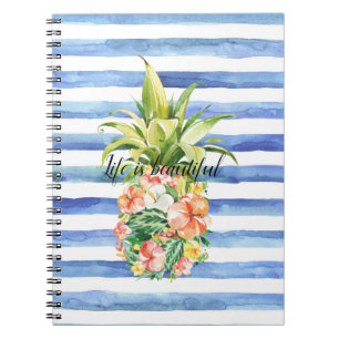 Cuaderno Rayas Blancas Azules Floral Tropical Piña