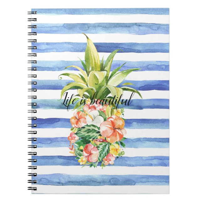 Cuaderno Rayas Blancas Azules Floral Tropical Piña (Frente)