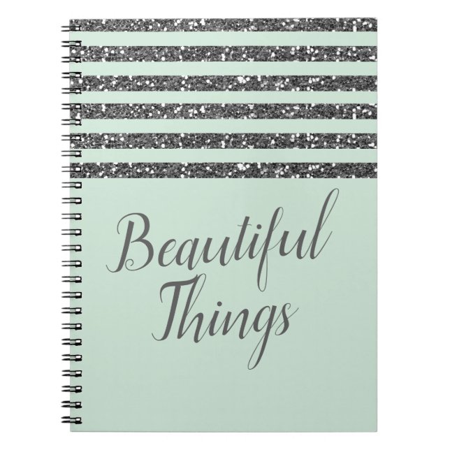 Cuaderno Rayas brillantes verdes menta y brillo plateado (Frente)