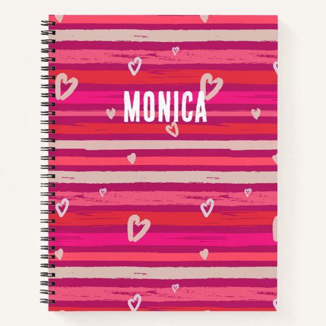 Cuaderno Rayas de corazón blanco rosado personalizadas (Anverso)