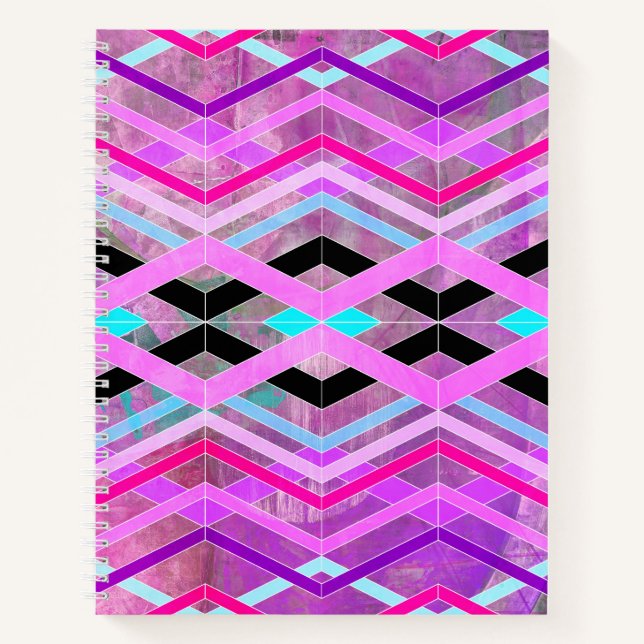 Cuaderno Rayas de cruce geométrico morado rosa y Aqua (Anverso)
