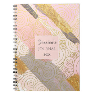 Cuaderno Rayas doradas abstractas y remolinos rosados perso