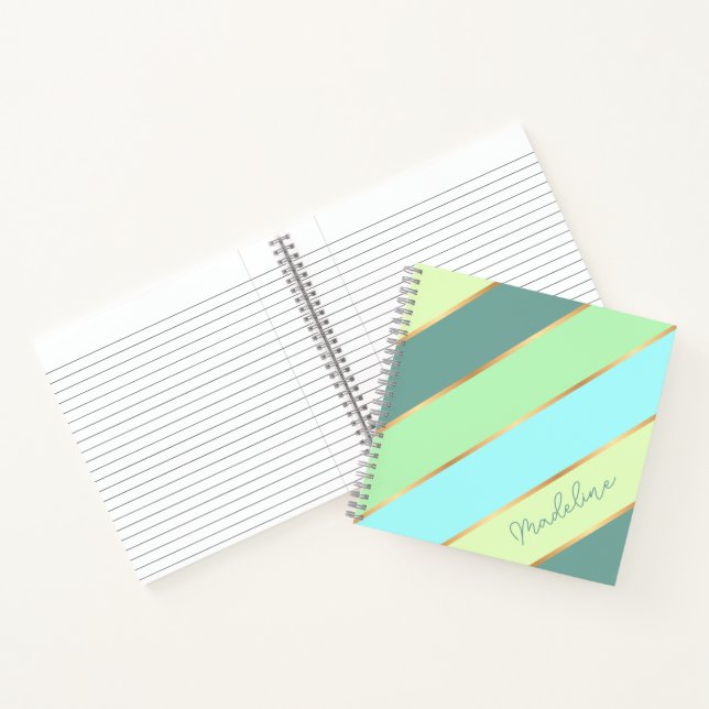 Cuaderno Rayas doradas azul turquesa verde menta personaliz (Interior)