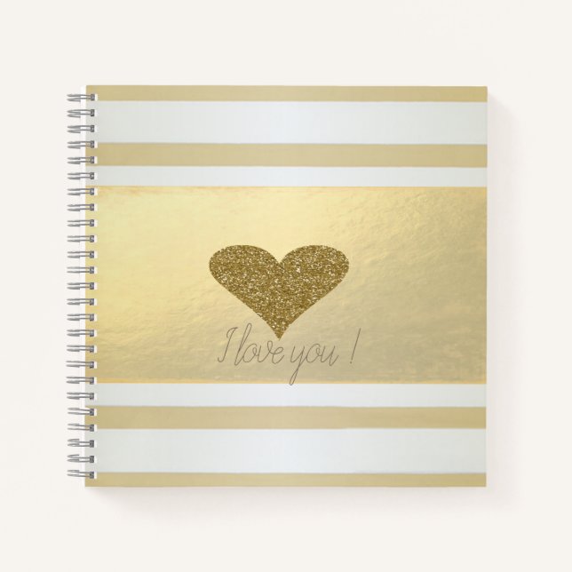Cuaderno Rayas Doradas Modernas Femeninas, Corazón Brillant (Anverso)