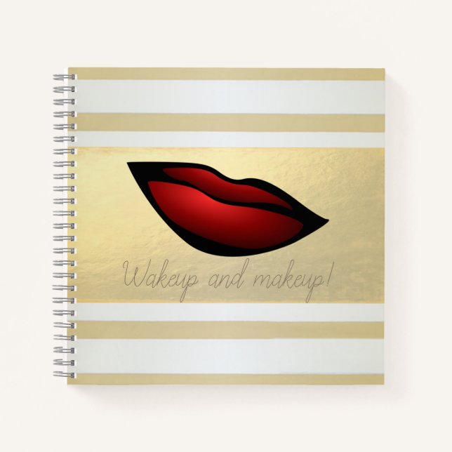 Cuaderno Rayas doradas modernas femeninas, labios rojos (Anverso)