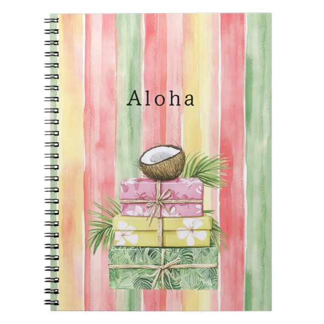 Cuaderno Rayas florales tropicales de coco menta rosa amari (Frente)