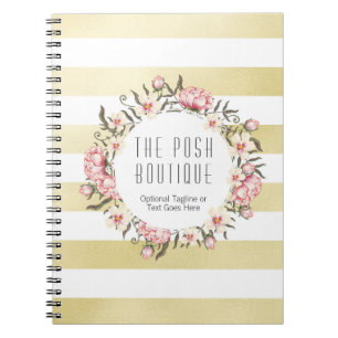 Cuaderno Rayas modernas del oro y guirnalda floral rosada