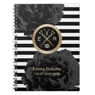 Cuaderno Rayas modernas florales negras elegantes del saló