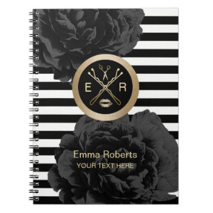 Cuaderno Rayas modernas florales negras elegantes del salón