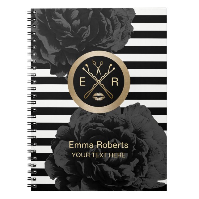 Cuaderno Rayas modernas florales negras elegantes del salón (Frente)