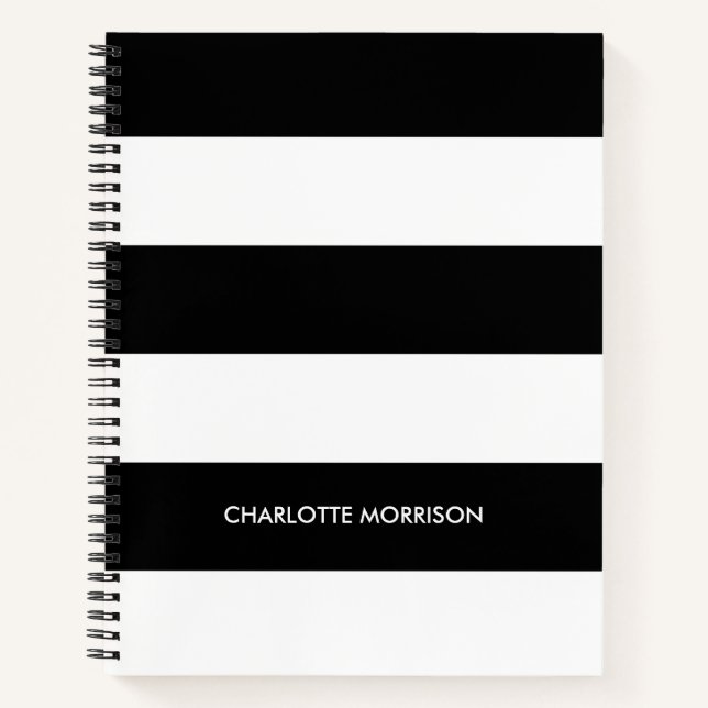 Cuaderno Rayas modernas nombre monograma negro y blanco (Anverso)