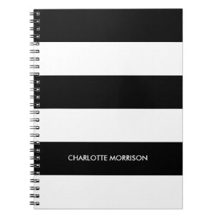 Cuaderno Rayas modernas nombre monograma negro y blanco