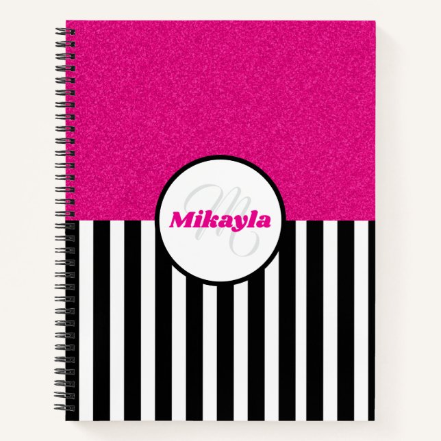 Cuaderno Rayas Negras y Blancas con Brillo Rosa (Anverso)
